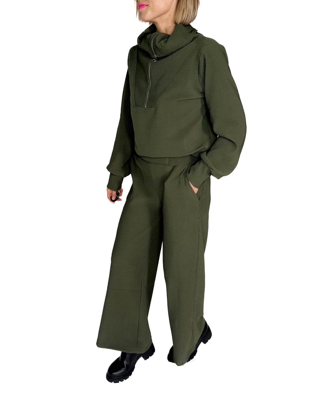 Cider Run Ribbed 1/2 Zip High Neck Set- DARK OLIVE-FINAL SALE