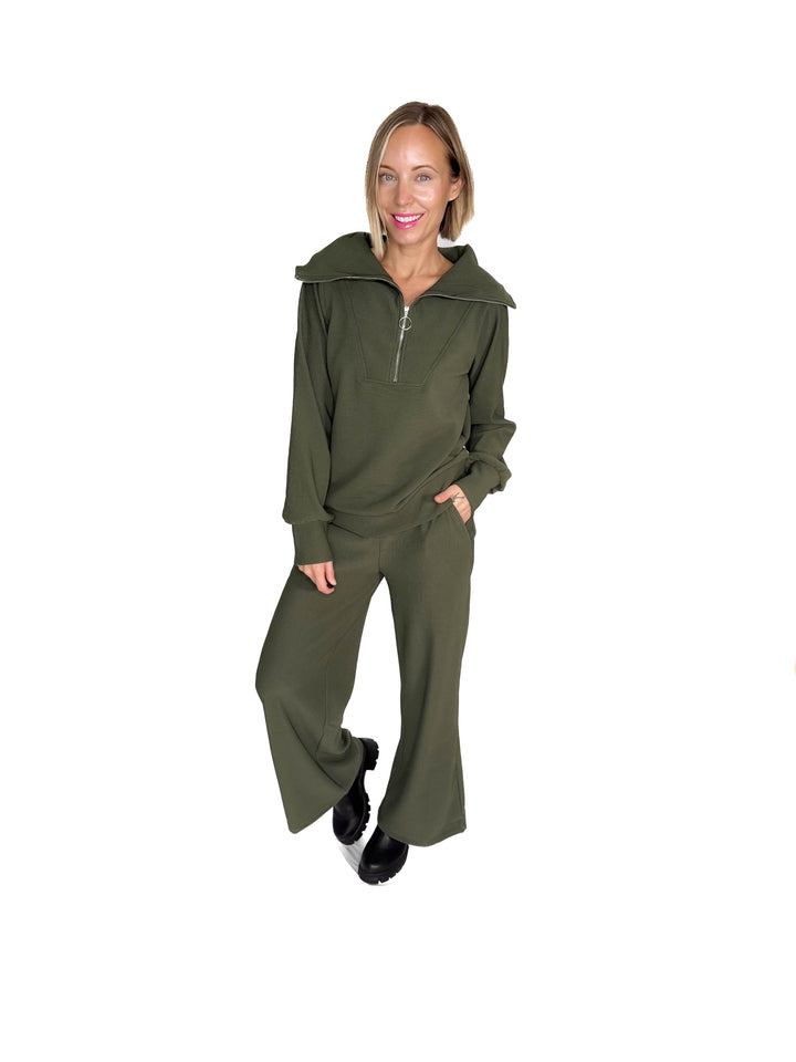 Cider Run Ribbed 1/2 Zip High Neck Set- DARK OLIVE-FINAL SALE