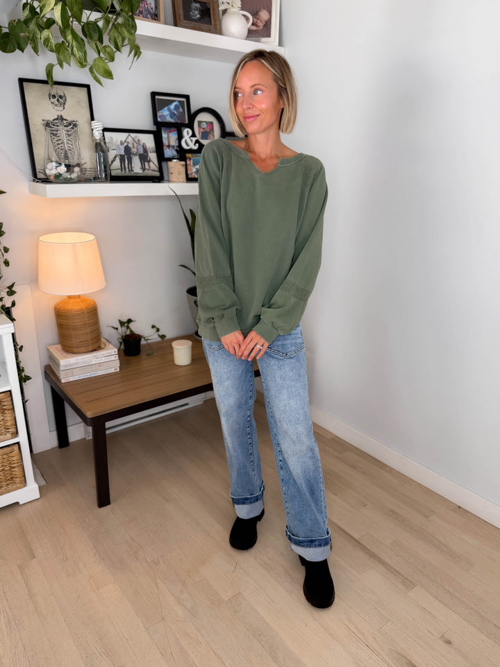 Irini Lace Accent Vintage Washed Pullover- OLIVE