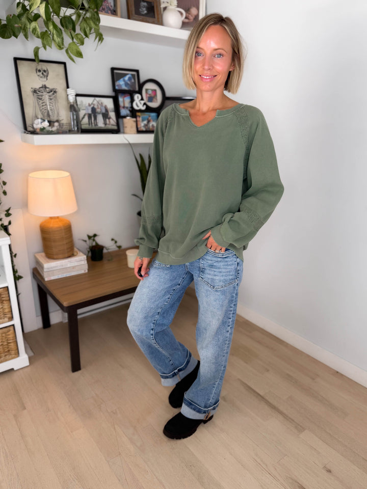 Irini Lace Accent Vintage Washed Pullover- OLIVE