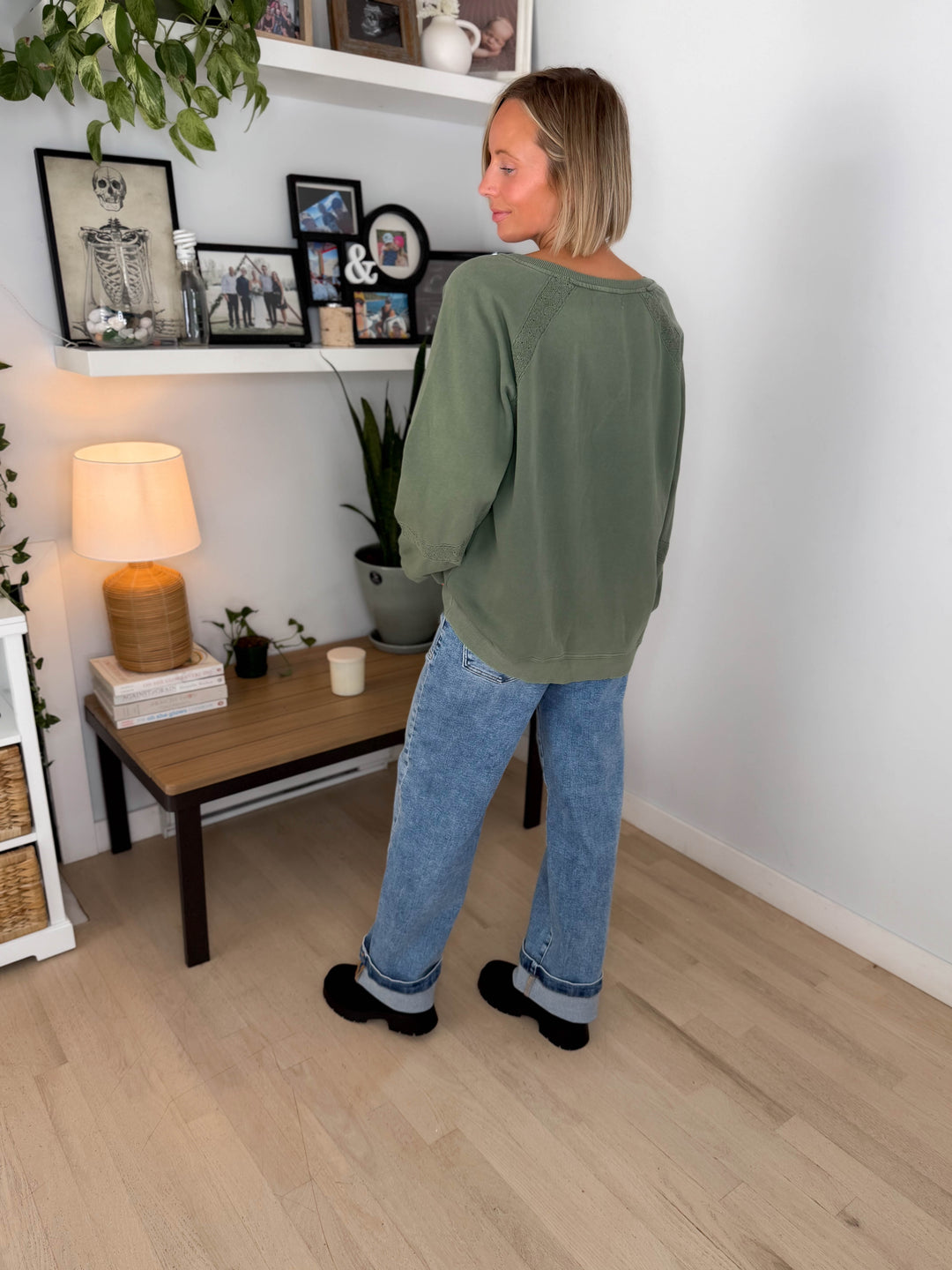 Irini Lace Accent Vintage Washed Pullover- OLIVE