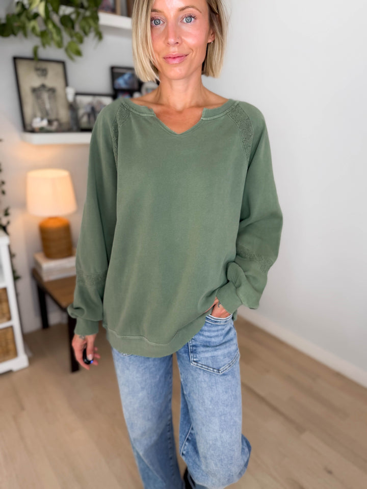 Irini Lace Accent Vintage Washed Pullover- OLIVE