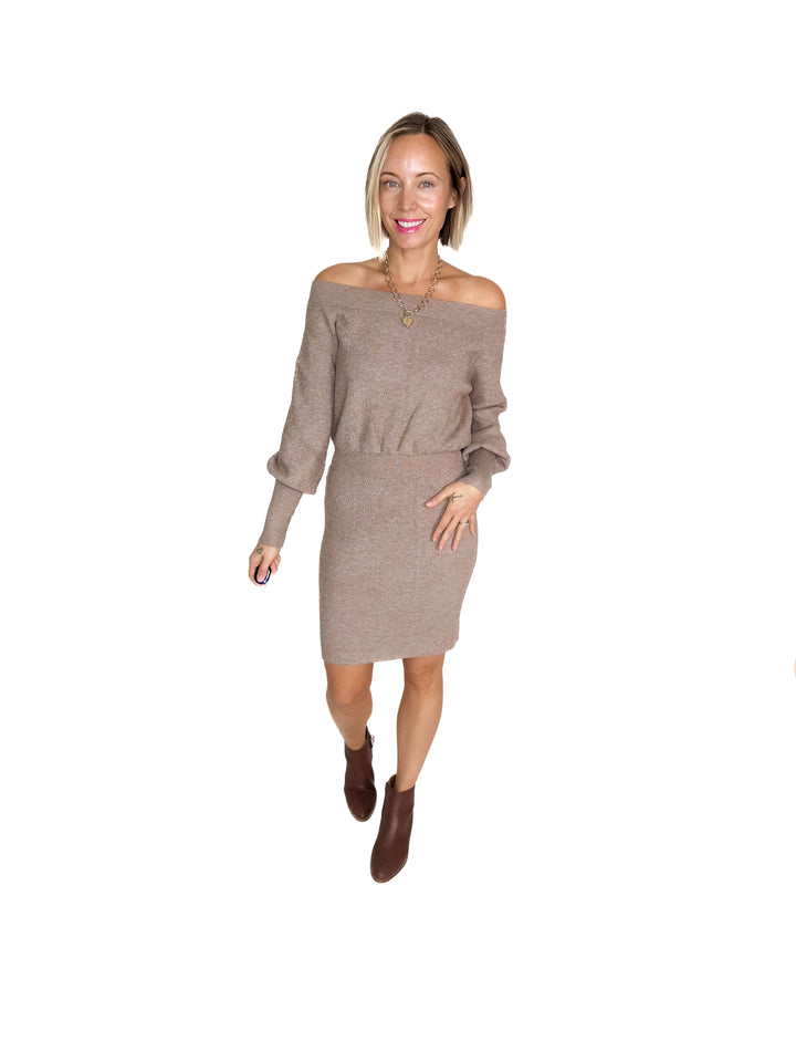 Aspen Air Ribbed Knit Sweater Dress- LATTE