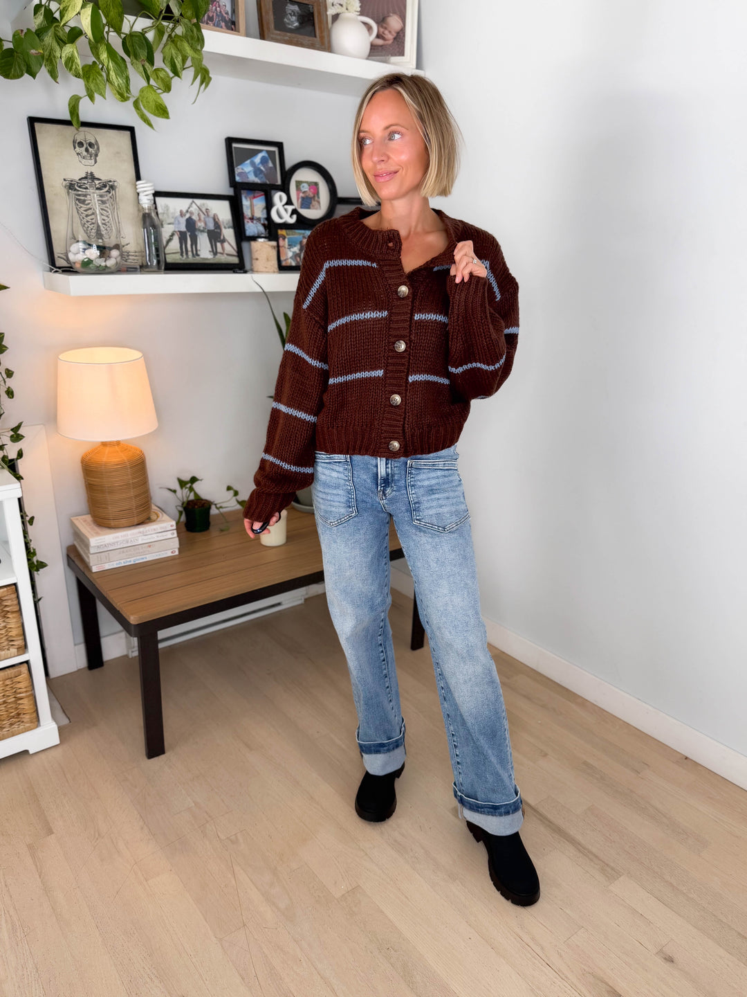 Julissa Button Down Striped Cardigan- BROWN