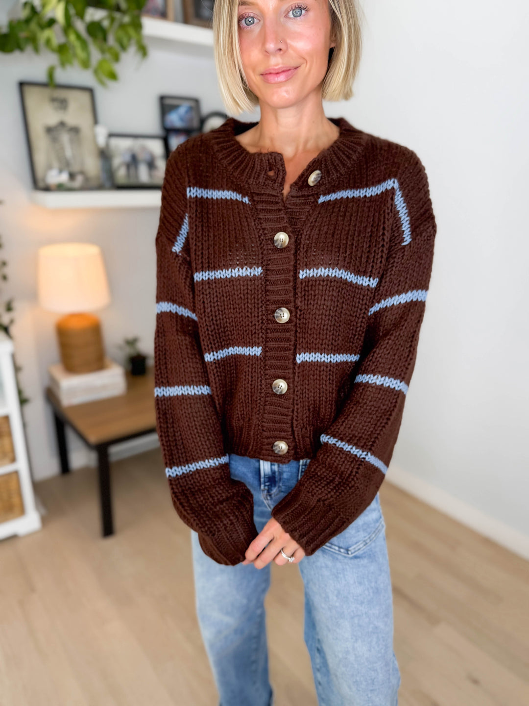 Julissa Button Down Striped Cardigan- BROWN