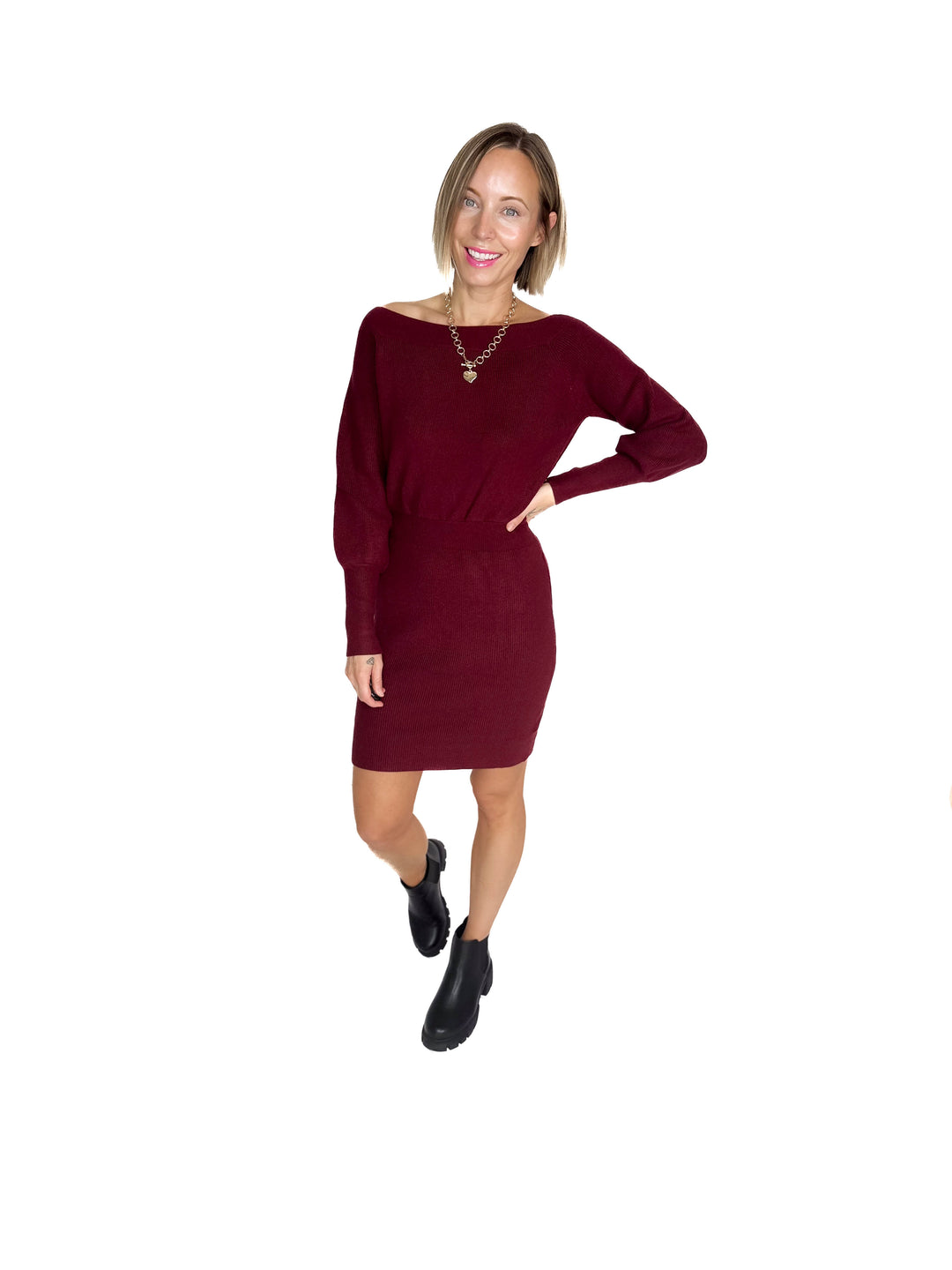 Aspen Air Ribbed Knit Sweater Dress- MAROON