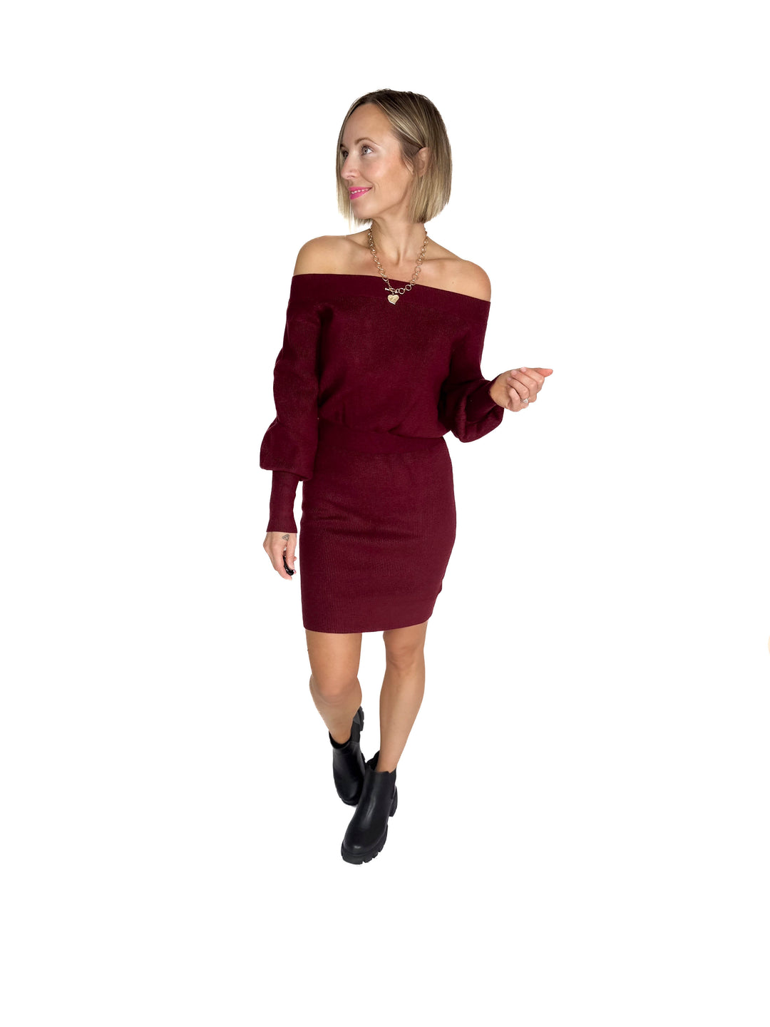 Aspen Air Ribbed Knit Sweater Dress- MAROON