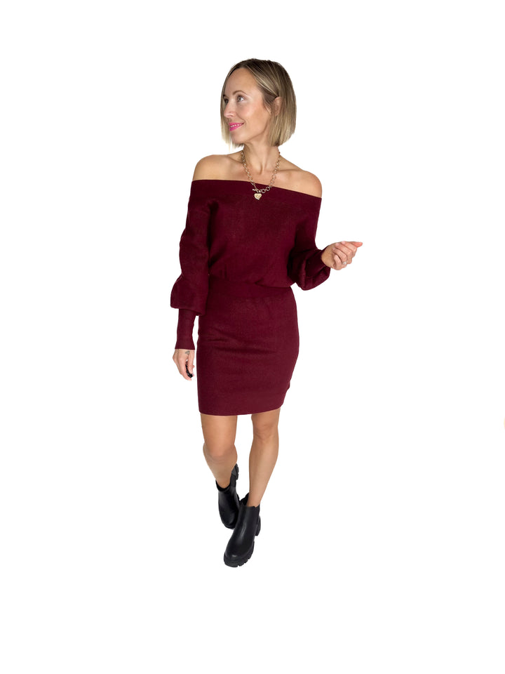 Aspen Air Ribbed Knit Sweater Dress- MAROON