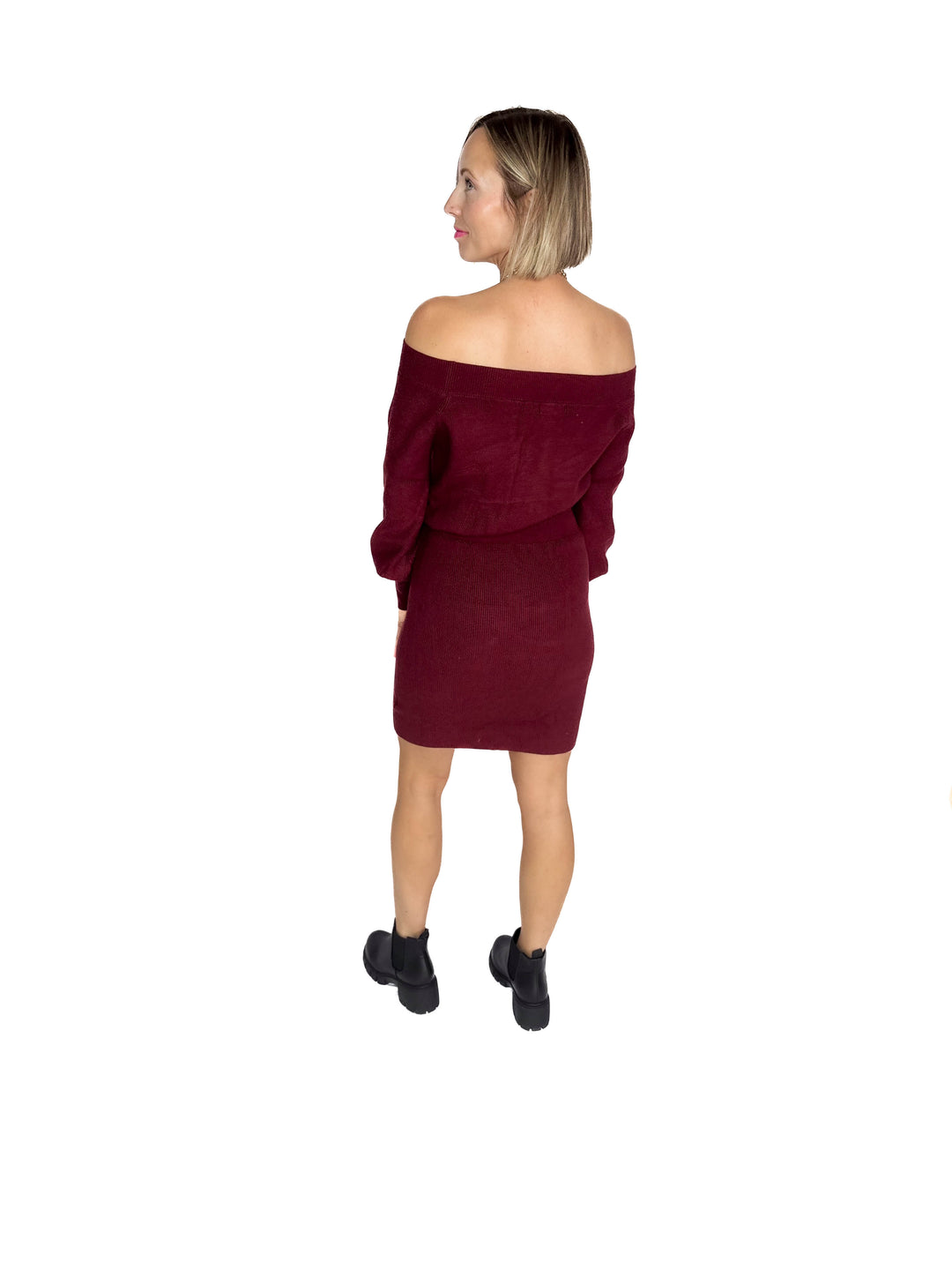 Aspen Air Ribbed Knit Sweater Dress- MAROON