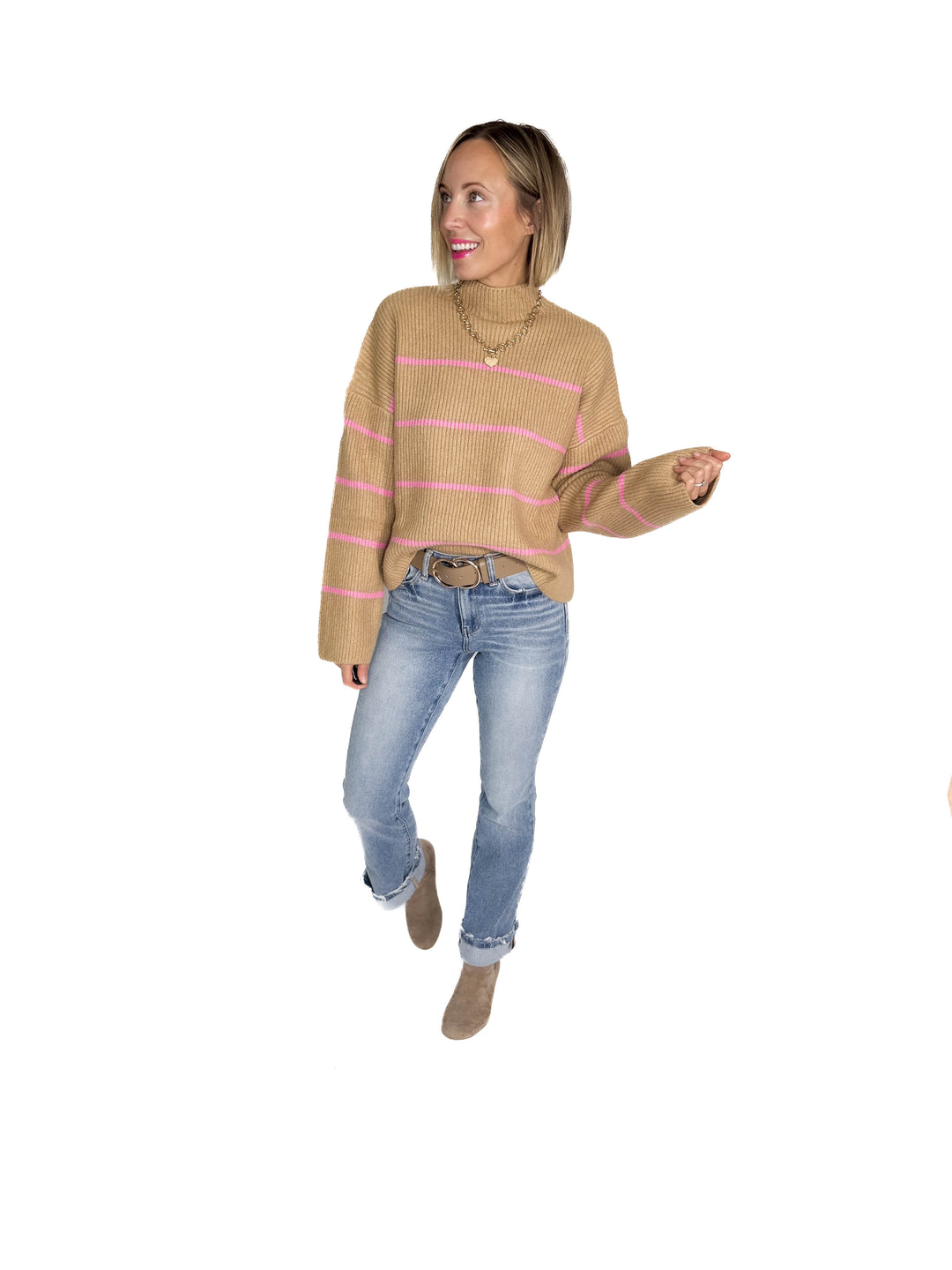 Juliet Mock Neck Ribbed Knit Sweater- TAUPE/PINK