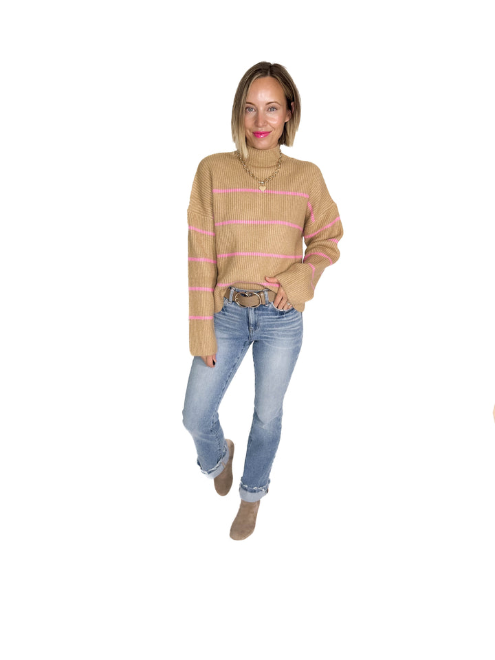 Juliet Mock Neck Ribbed Knit Sweater- TAUPE/PINK