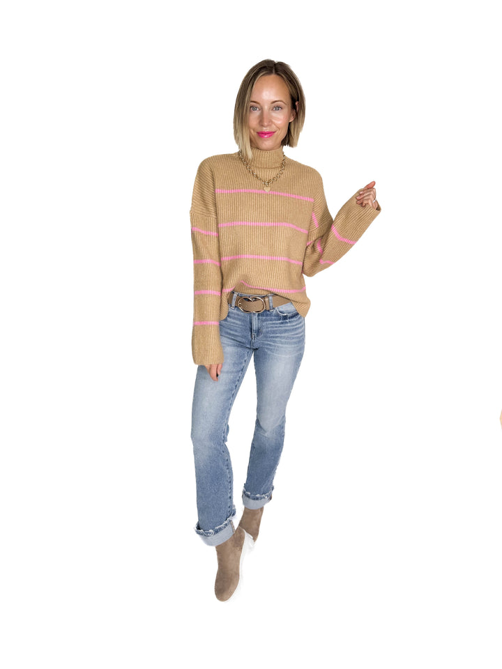 Juliet Mock Neck Ribbed Knit Sweater- TAUPE/PINK