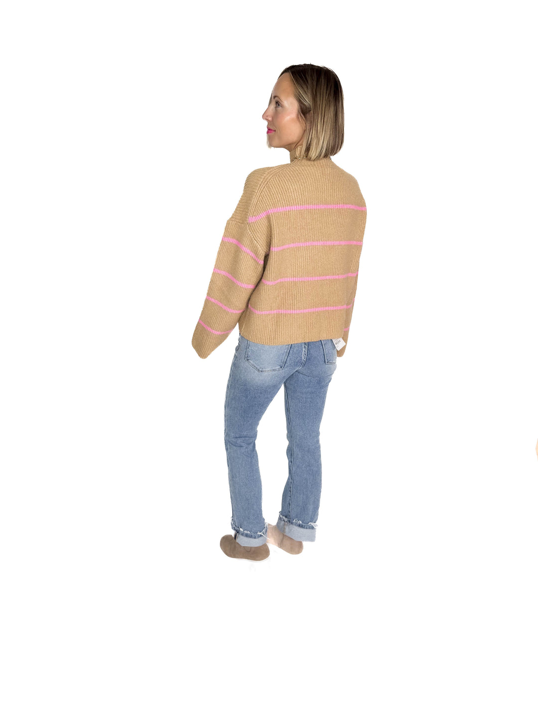 Juliet Mock Neck Ribbed Knit Sweater- TAUPE/PINK