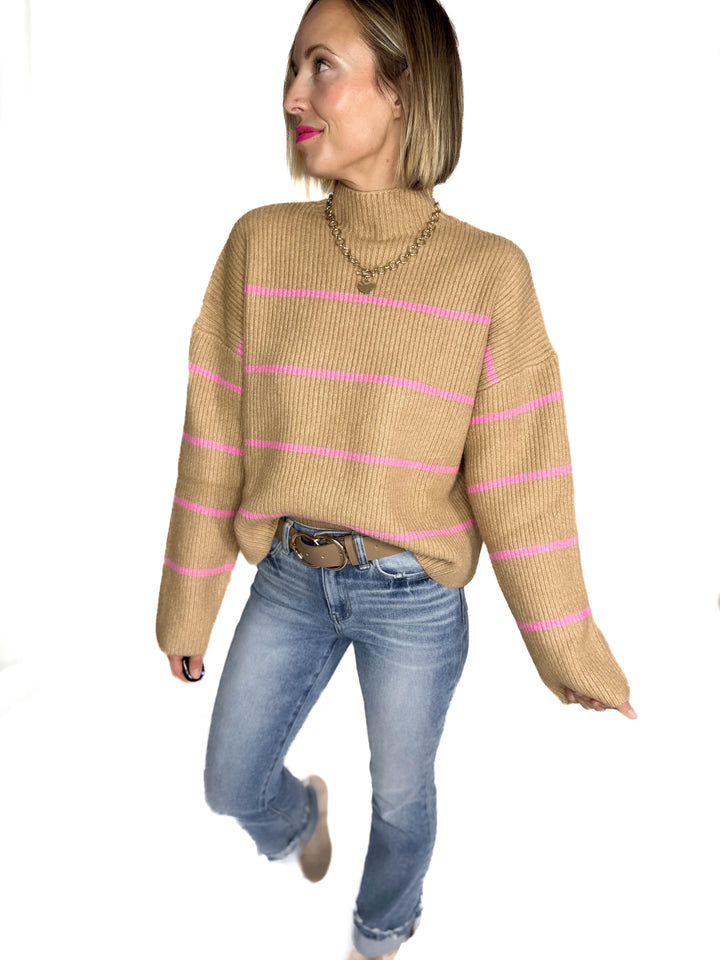Juliet Mock Neck Ribbed Knit Sweater- TAUPE/PINK