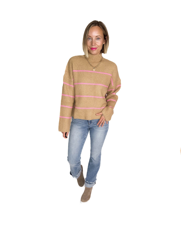 Juliet Mock Neck Ribbed Knit Sweater- TAUPE/PINK