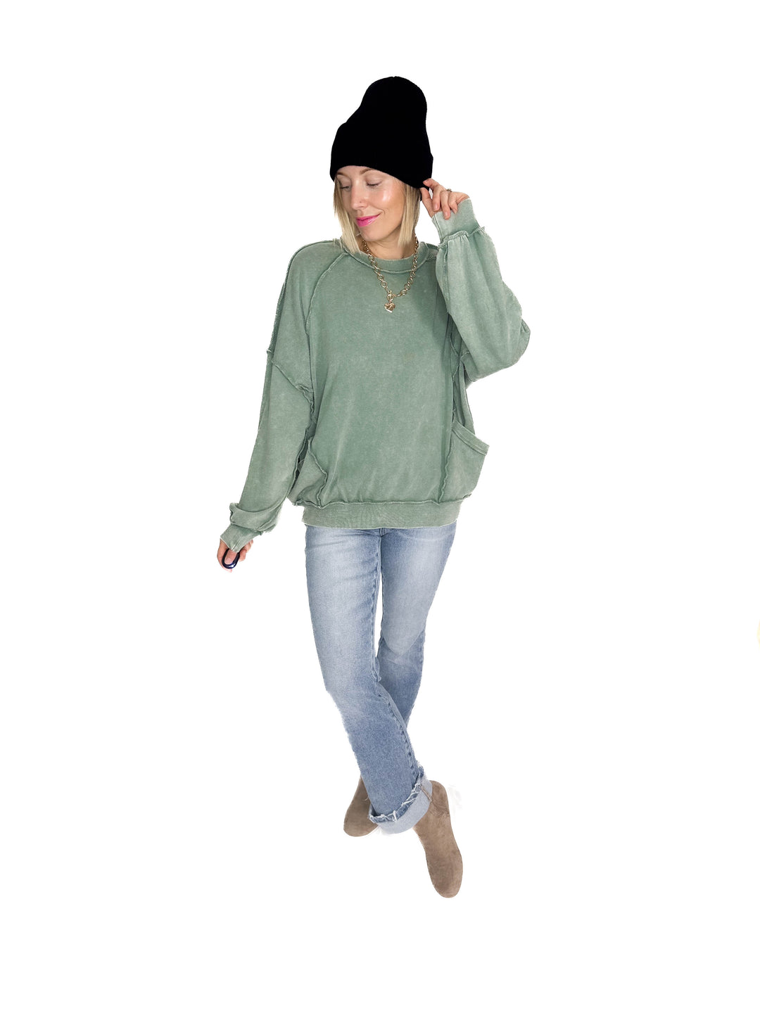 Forage Washed Pocket Pullover- JUNIPER GREEN