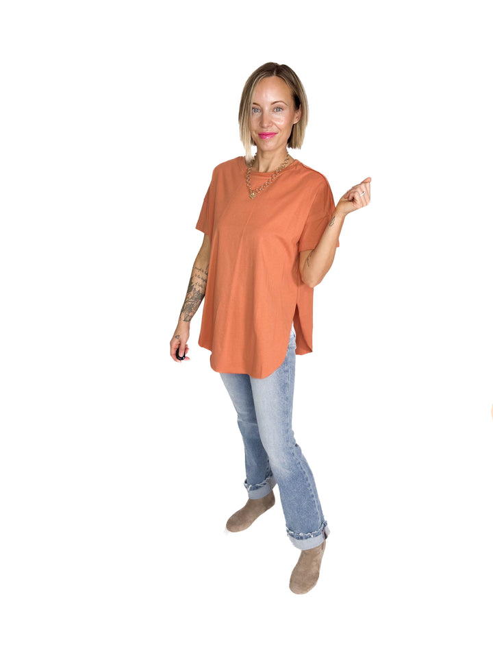 Joey Washed Cotton Boyfriend Tee- RUST