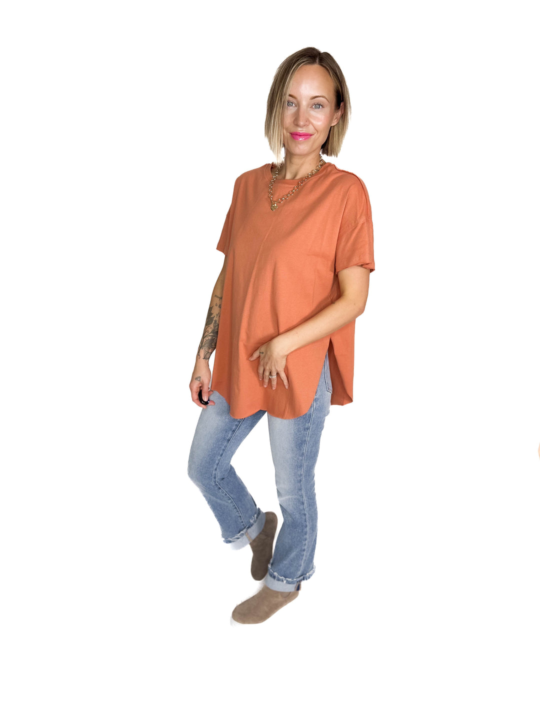 Joey Washed Cotton Boyfriend Tee- RUST