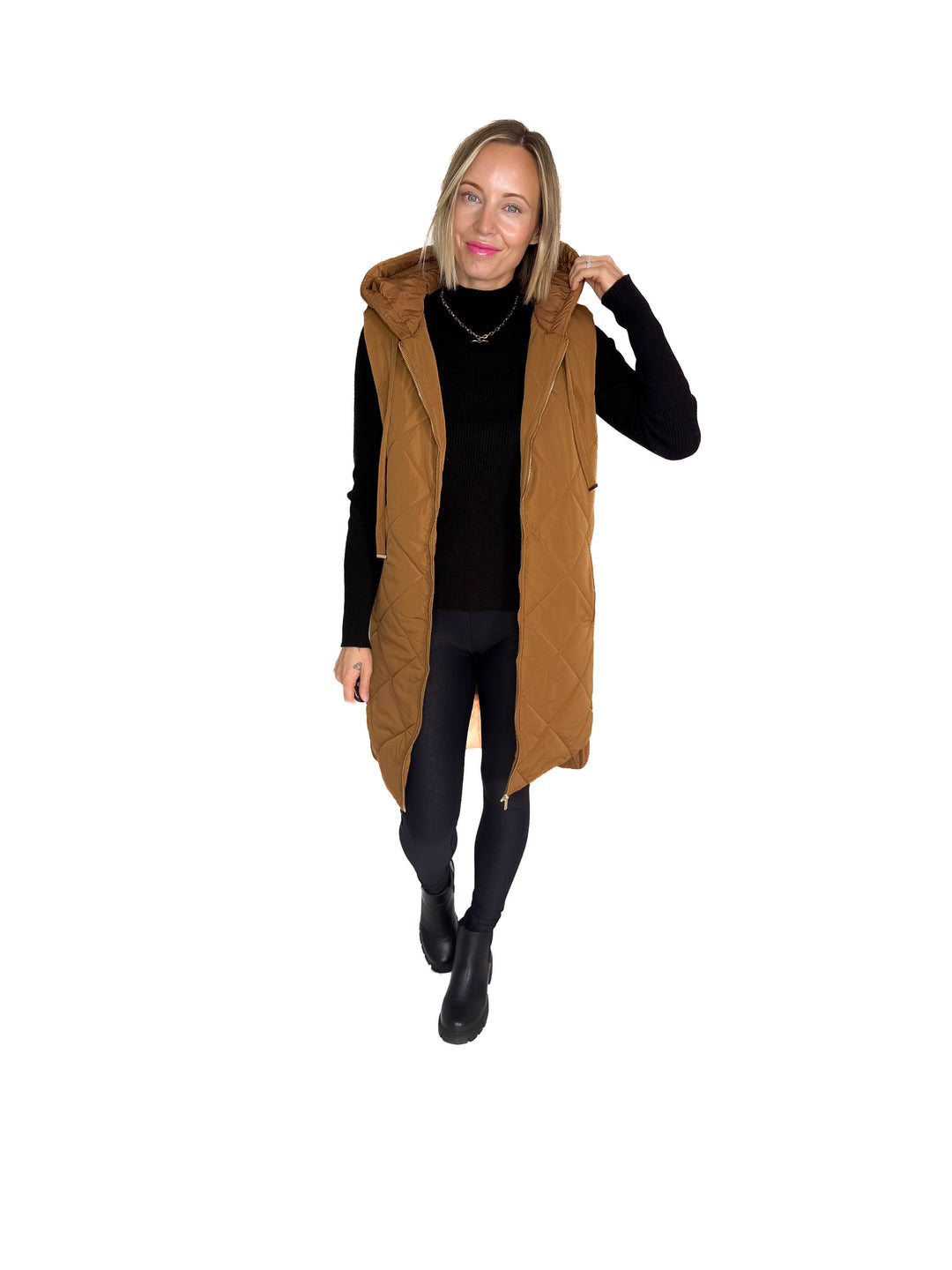 Glacier Girl Quilted Longline Vest- SPICY LATTE