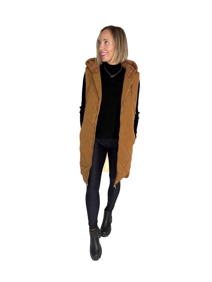Glacier Girl Quilted Longline Vest- SPICY LATTE