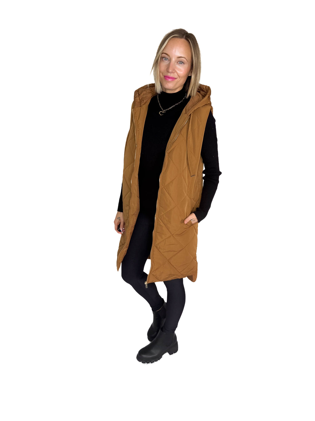 Glacier Girl Quilted Longline Vest- SPICY LATTE