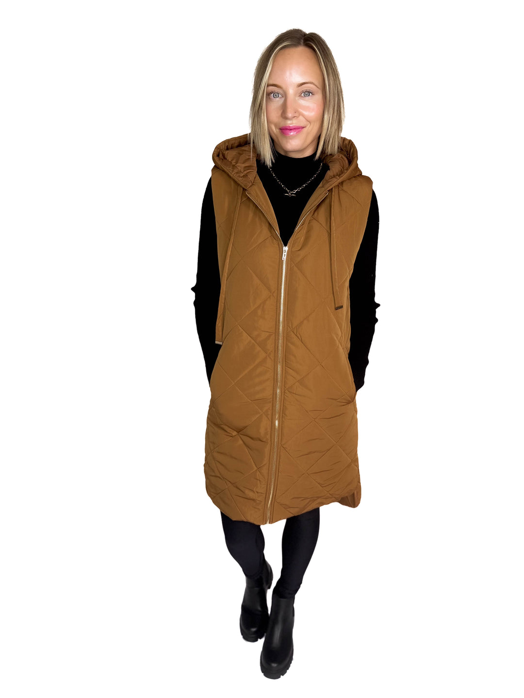 Glacier Girl Quilted Longline Vest- SPICY LATTE