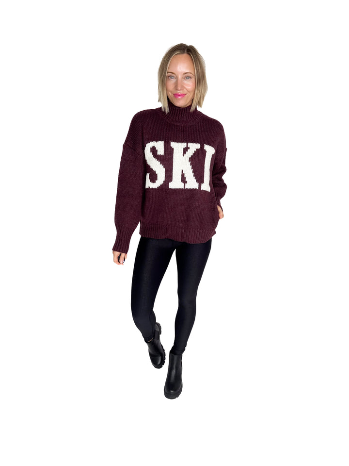Apres Ski High Neck Sweater- WINE/IVORY