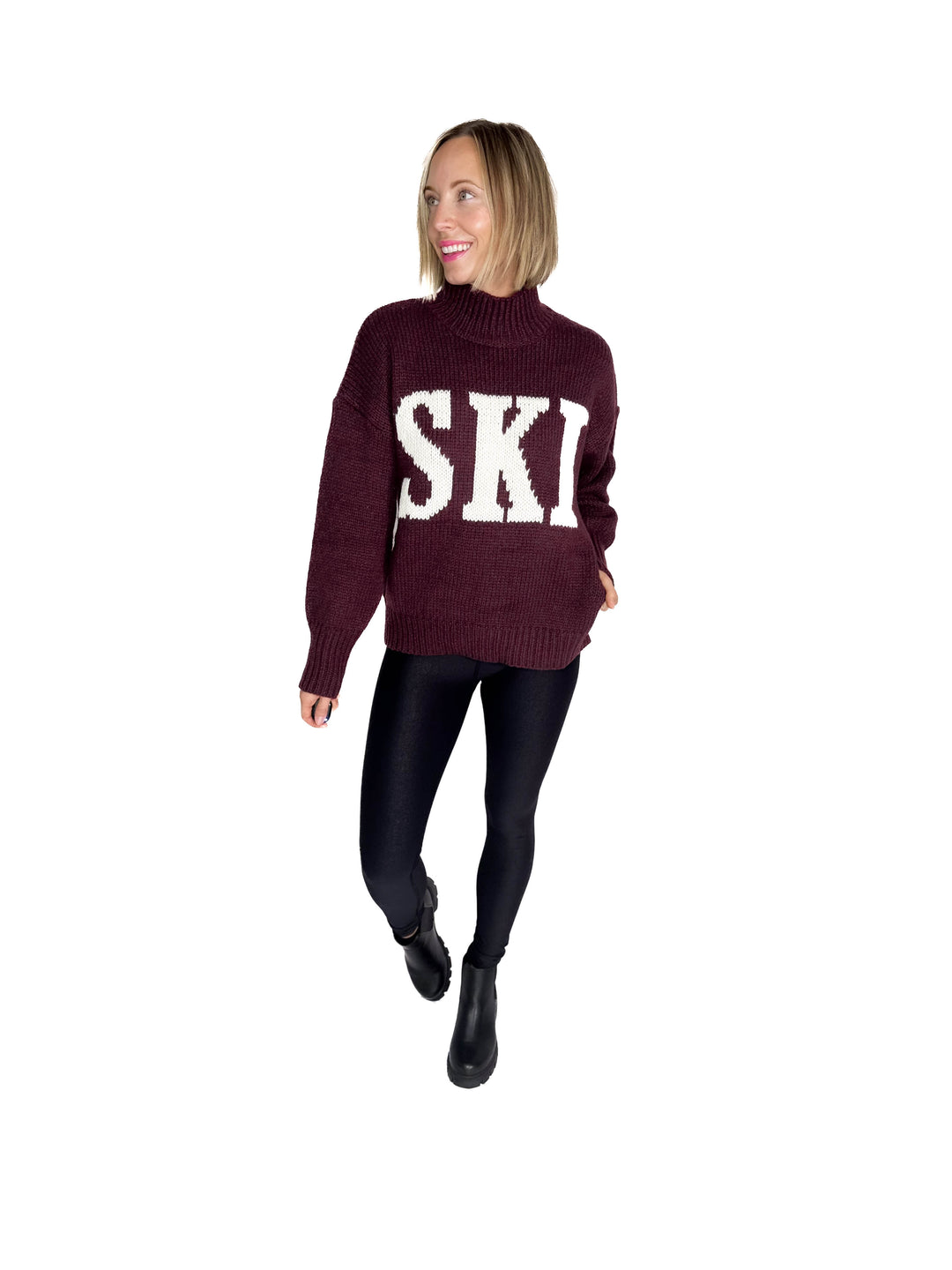 Apres Ski High Neck Sweater- WINE/IVORY