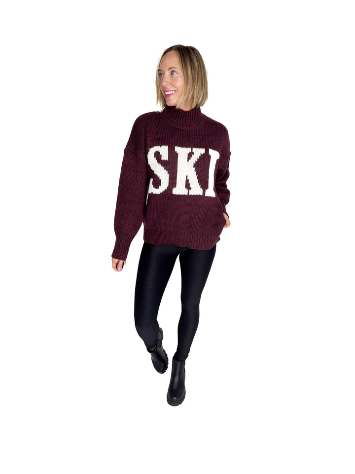Apres Ski High Neck Sweater- WINE/IVORY