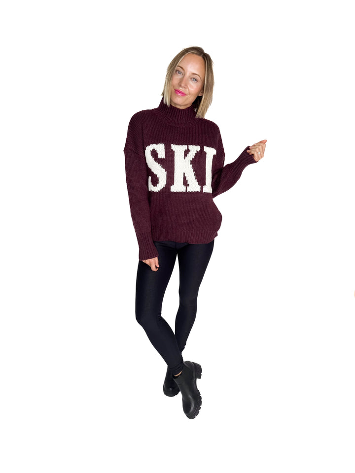 Apres Ski High Neck Sweater- WINE/IVORY