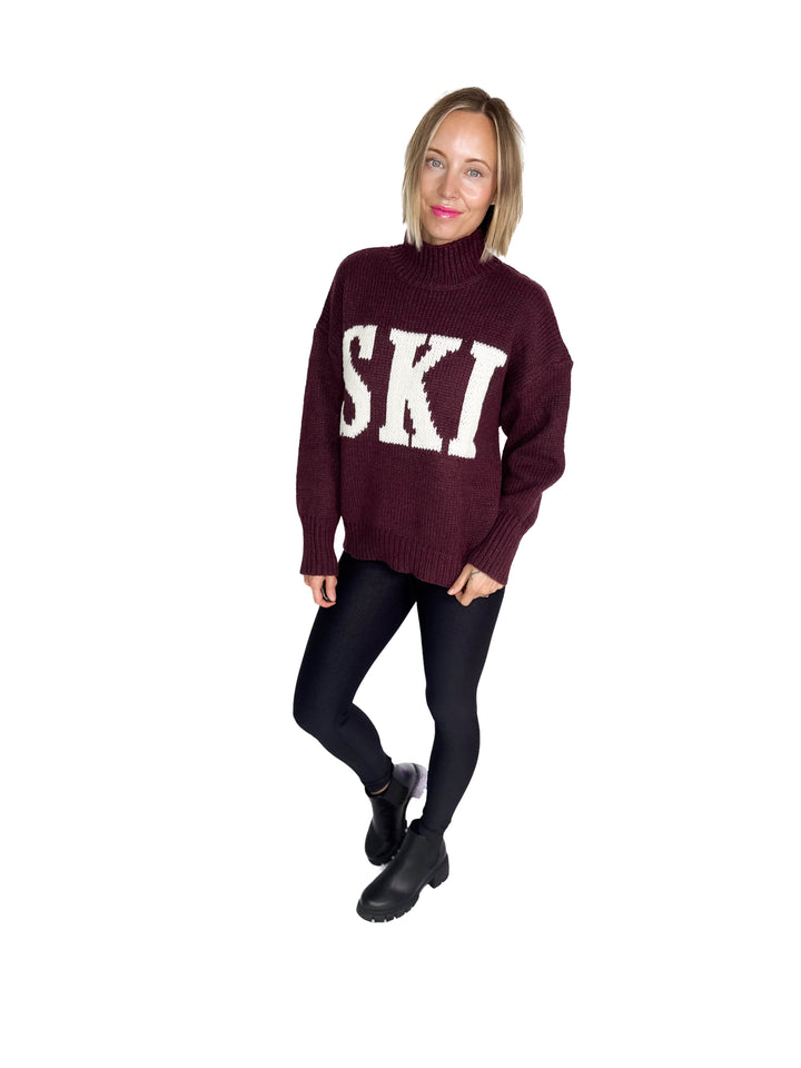 Apres Ski High Neck Sweater- WINE/IVORY