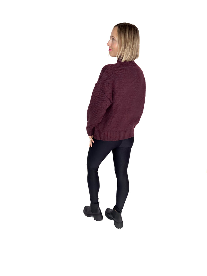 Apres Ski High Neck Sweater- WINE/IVORY