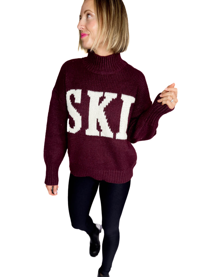 Apres Ski High Neck Sweater- WINE/IVORY