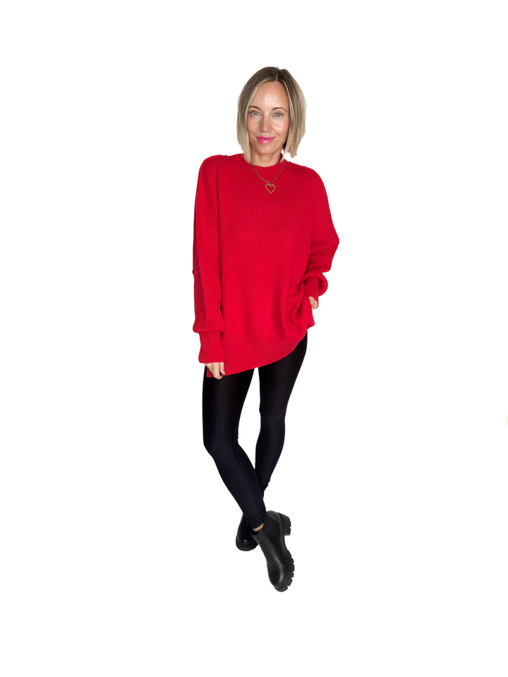 Frosted Pines Oversized Side Slit Sweater- RUBY