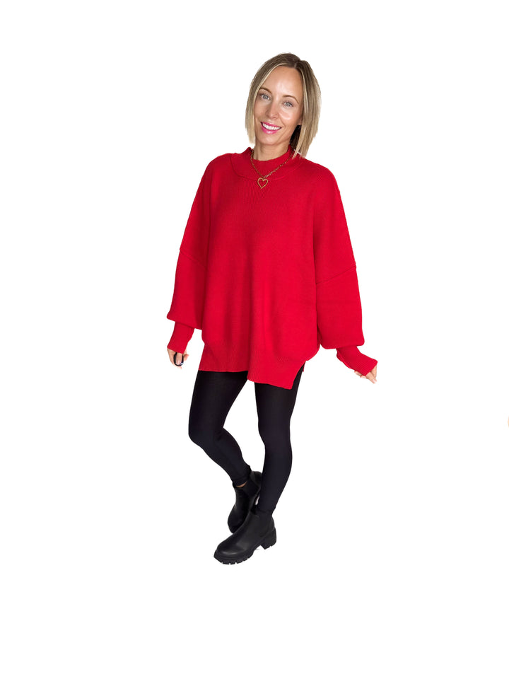 Frosted Pines Oversized Side Slit Sweater- RUBY