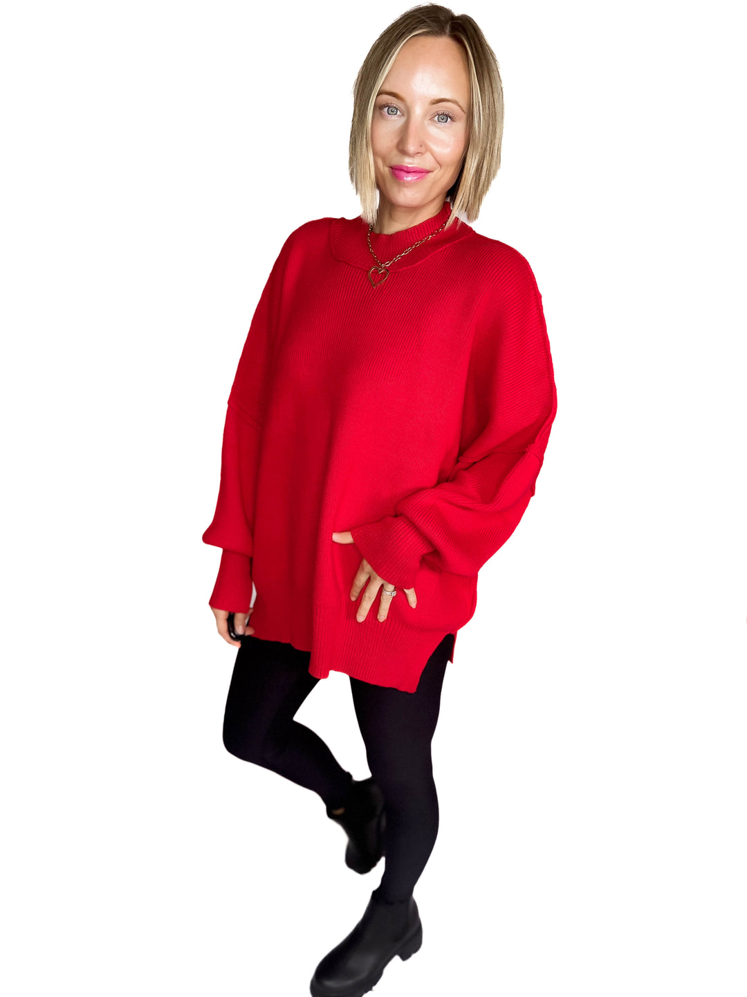 Frosted Pines Oversized Side Slit Sweater- RUBY