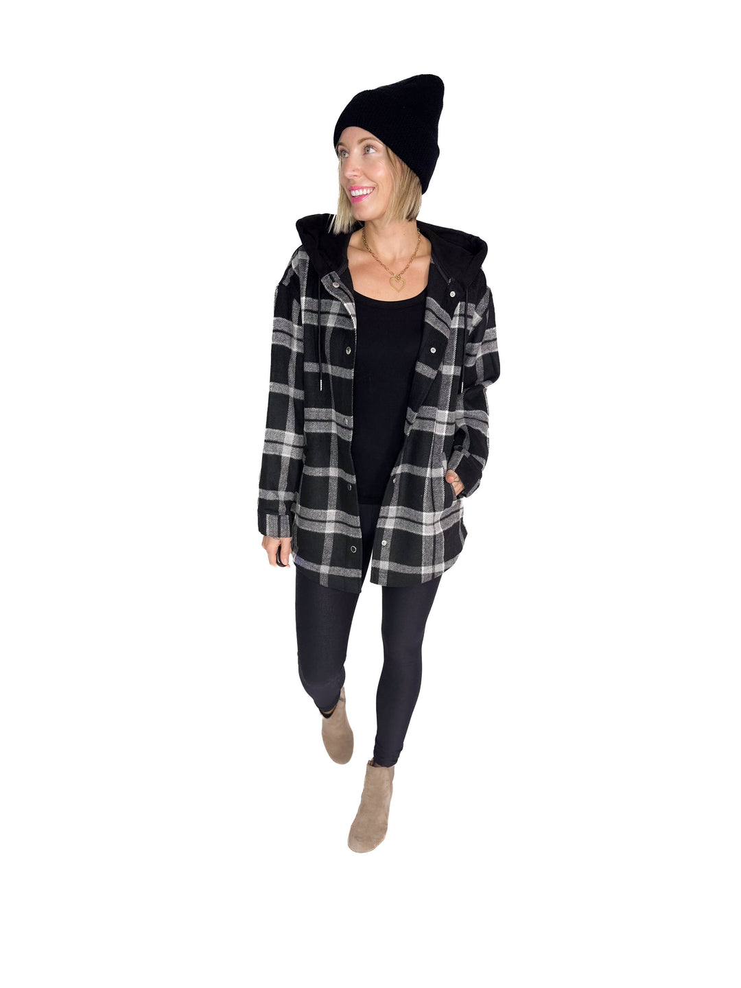Cocoa + Cream Plaid Hooded Shacket- BLACK
