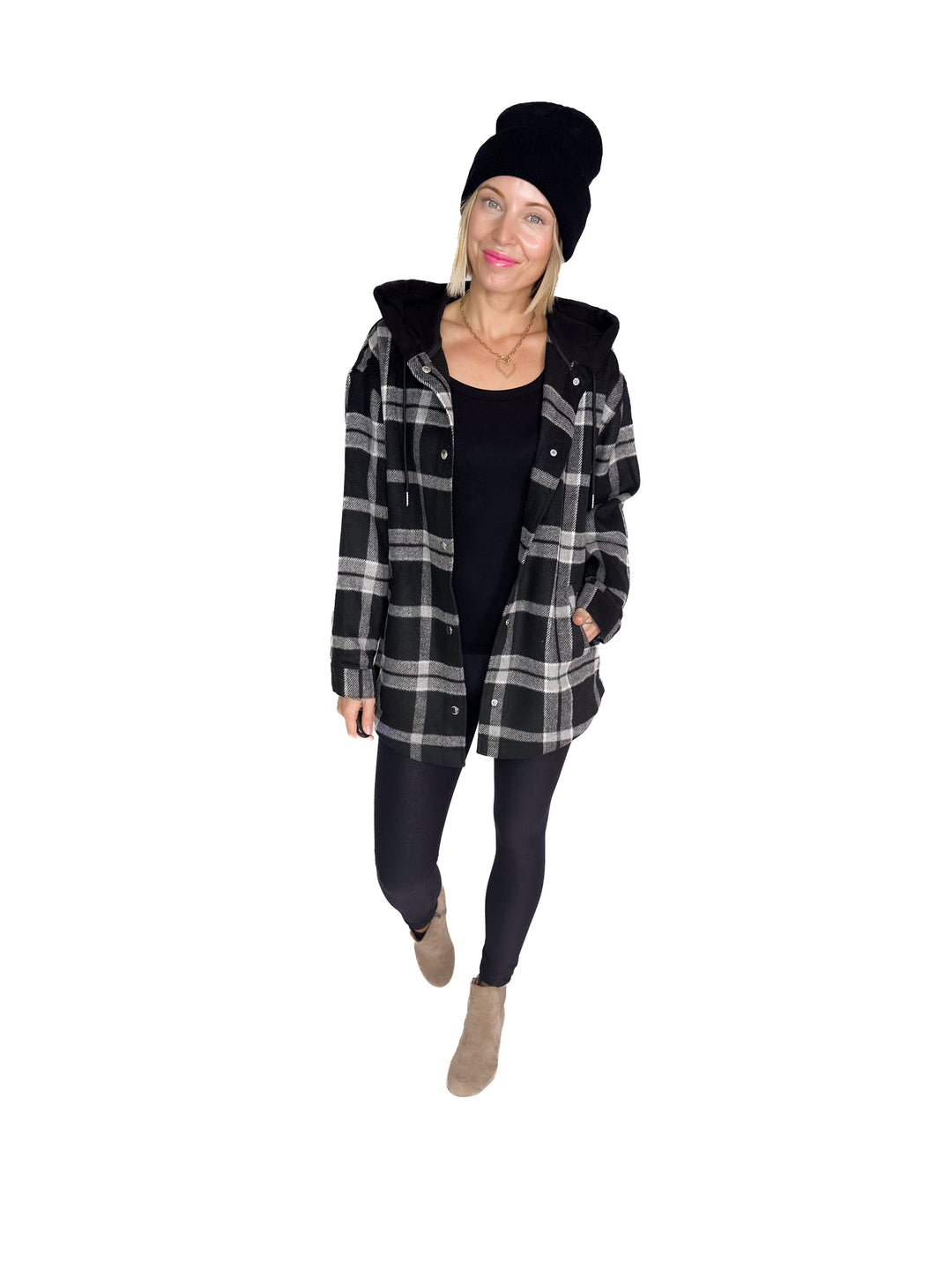 Cocoa + Cream Plaid Hooded Shacket- BLACK