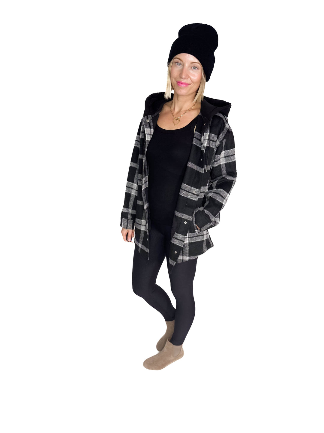 Cocoa + Cream Plaid Hooded Shacket- BLACK