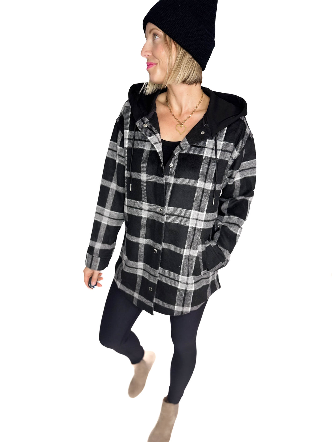 Cocoa + Cream Plaid Hooded Shacket- BLACK
