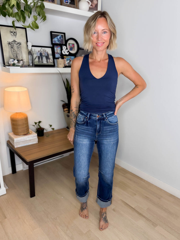 Sandra Doubled Lined V-Neck Racerback Tank- DEEP BLUE
