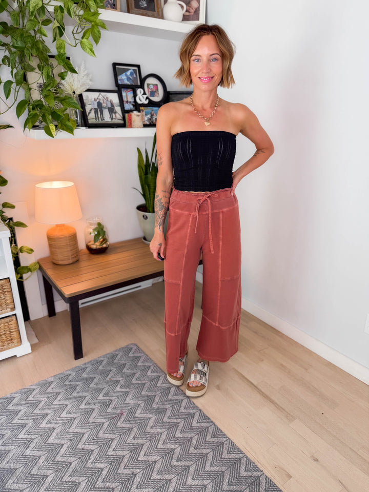 Zorah Wide Leg French Terry Pant- RUST