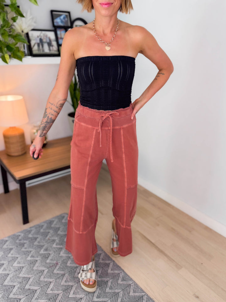 Zorah Wide Leg French Terry Pant- RUST
