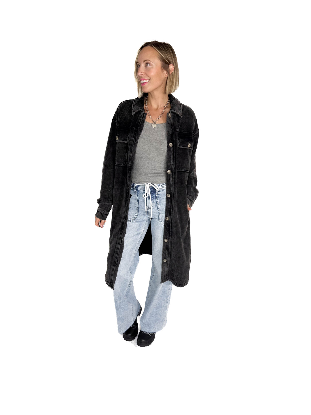 Arctic Washed French Terry Shacket- BLACK