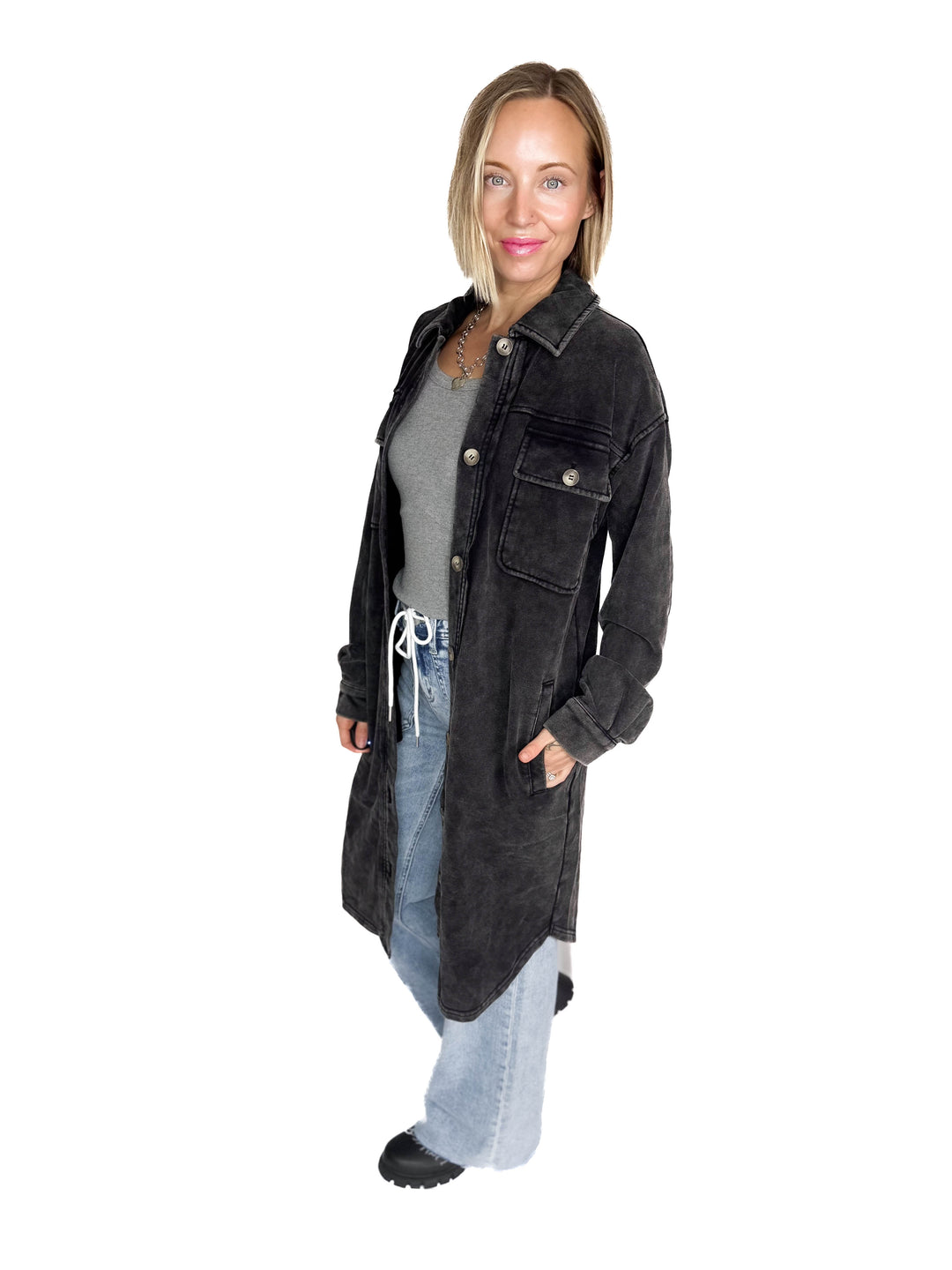 Arctic Washed French Terry Shacket- BLACK