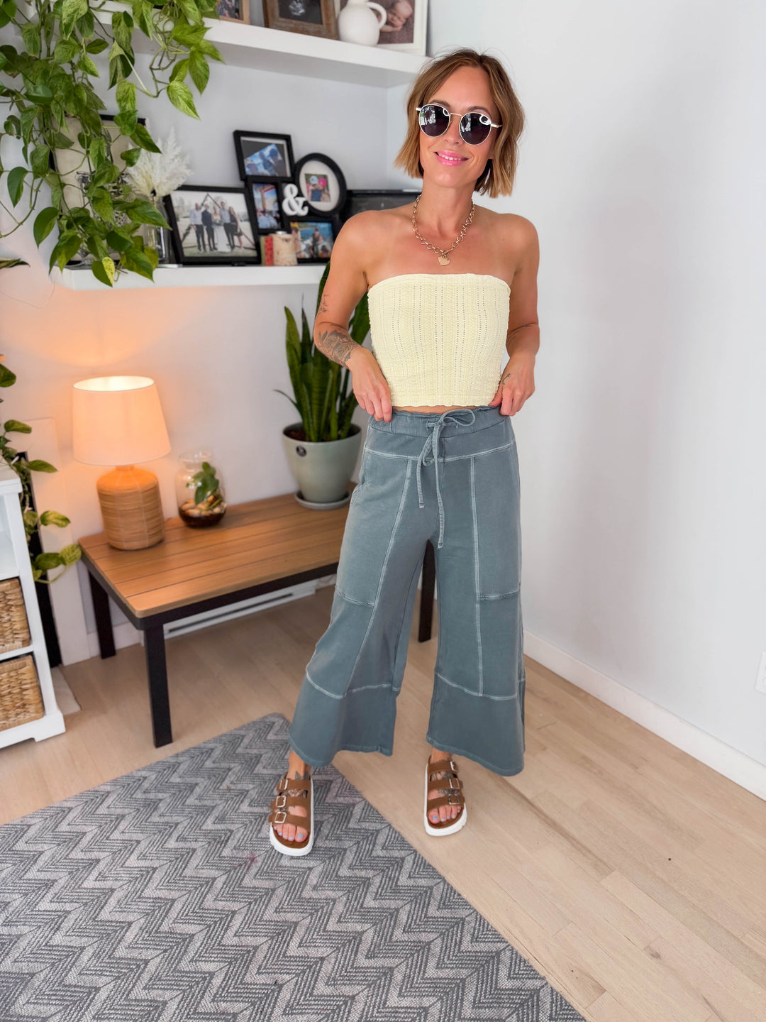 Zorah Wide Leg French Terry Pant- ASH JADE