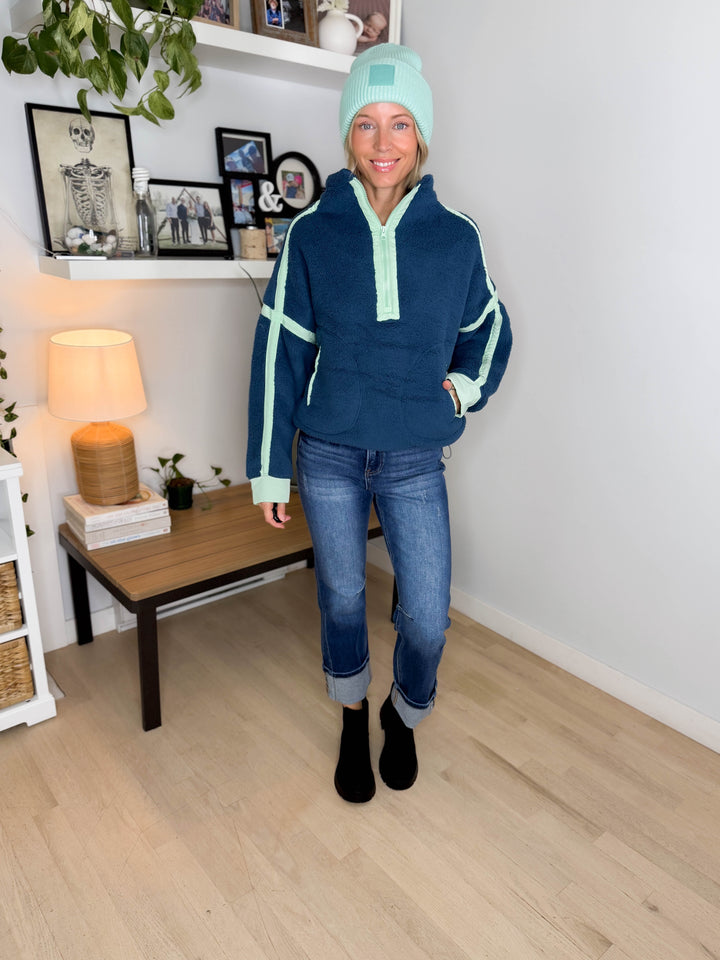 Justina Half Zip Sherpa Fleece Pullover- NAVY