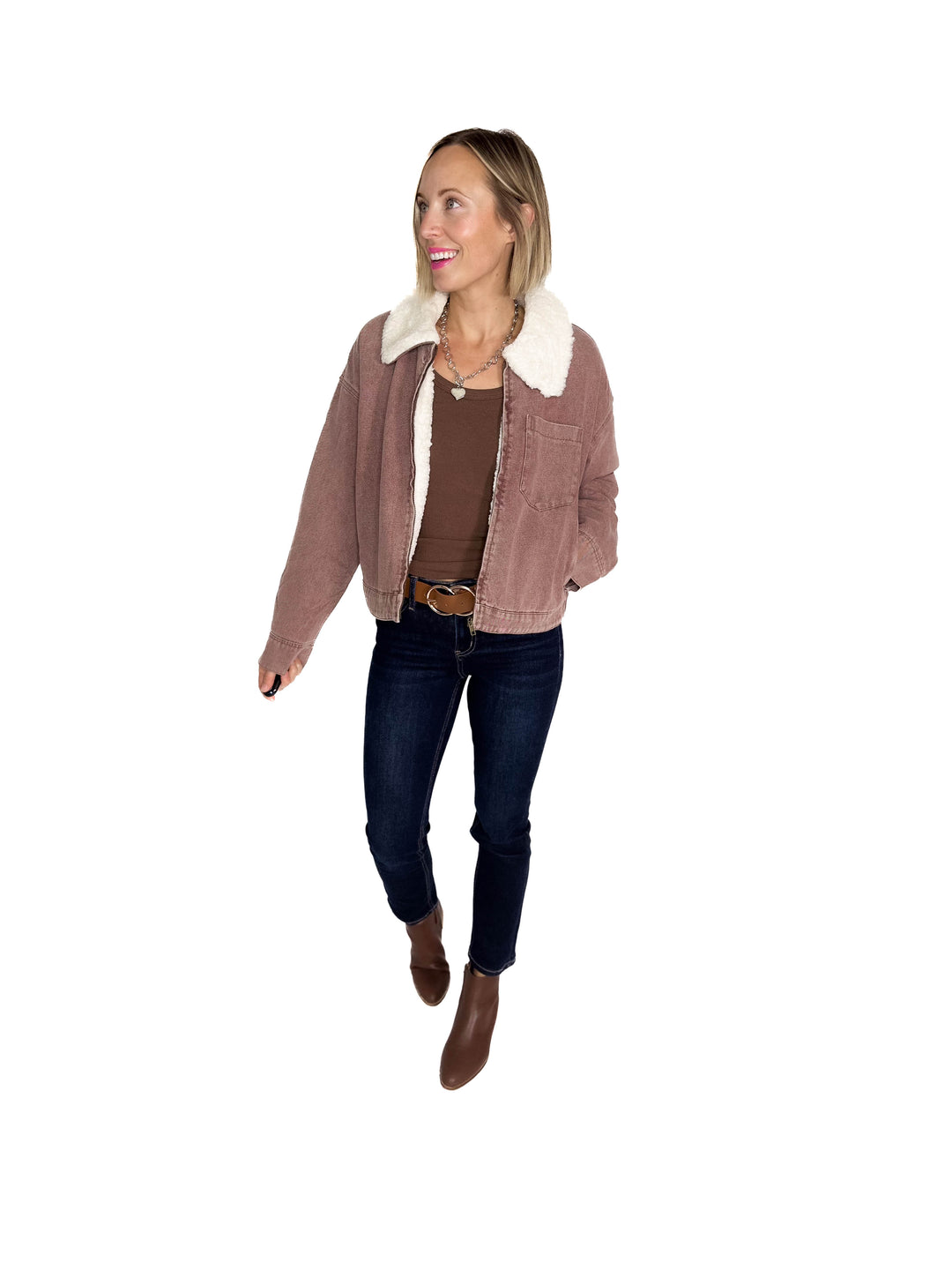 Velvet Frost Sherpa Lined Denim Jacket- ROSEWOOD