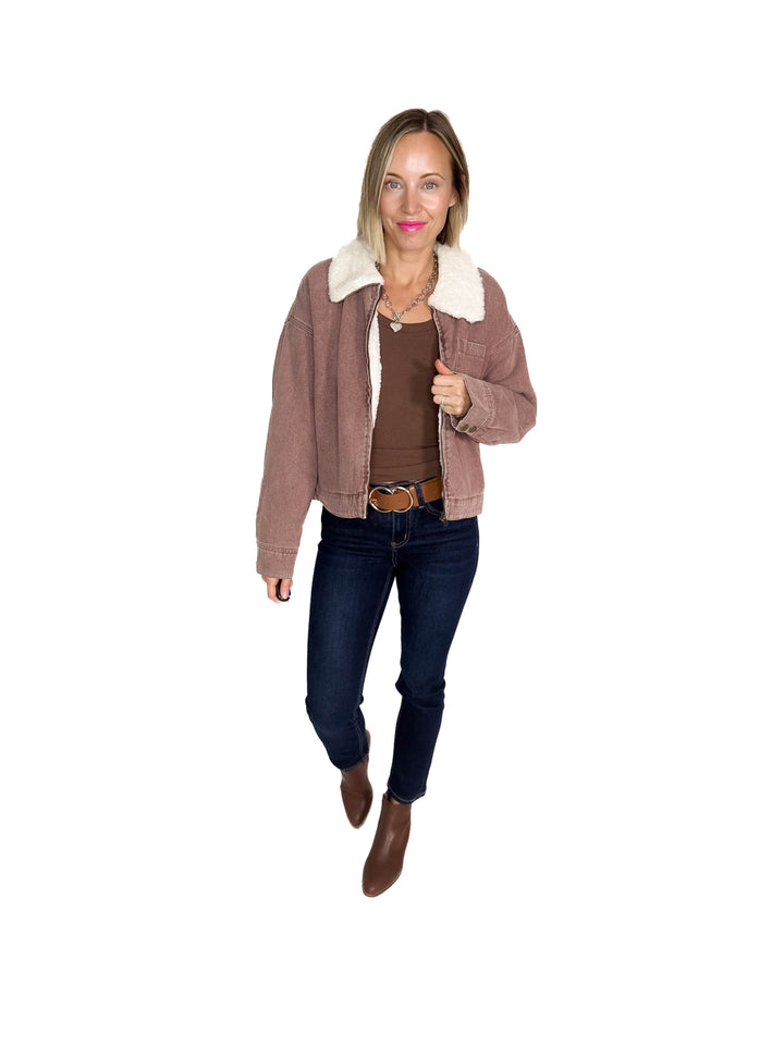 Velvet Frost Sherpa Lined Denim Jacket- ROSEWOOD