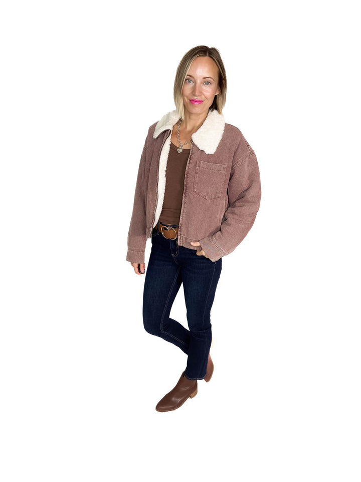Velvet Frost Sherpa Lined Denim Jacket- ROSEWOOD